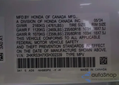 2025 Honda Cr-V Ex-L 2Wd из США, поврежденный, VIN 2HKRS3H7XSH302339